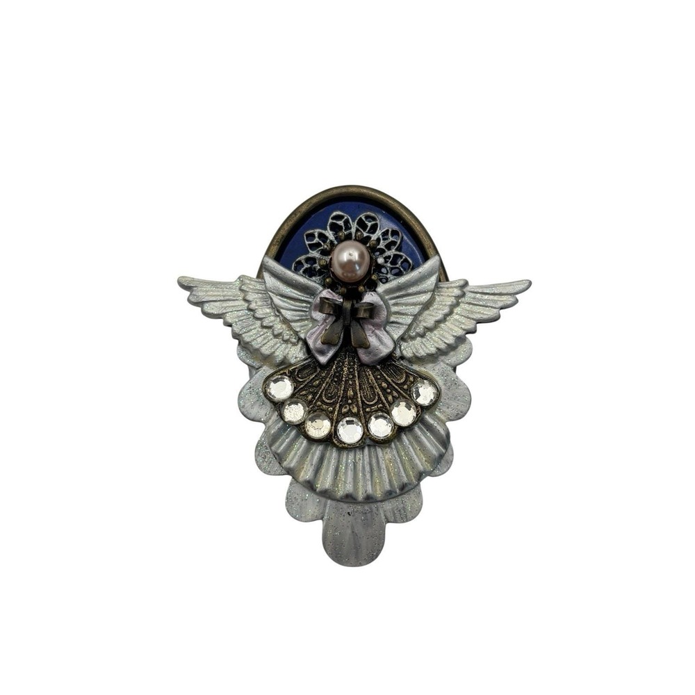 Vintage Handmade Unique Guardian Angel Sparkly Enamel Rhinestone Brooch Pin